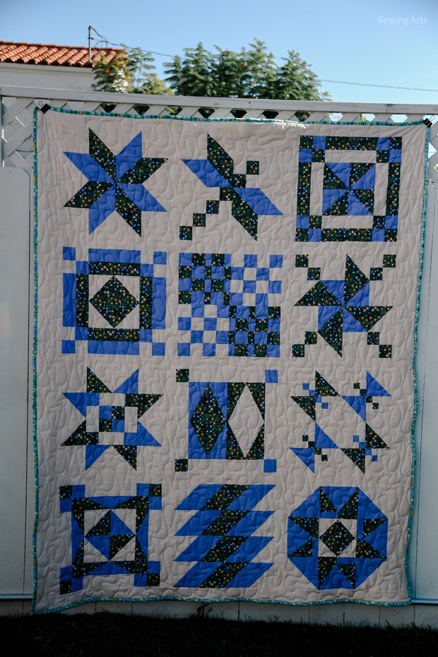 Suzy Sampler 2024 Quilt Kit in Periwinkle Peach Blossom