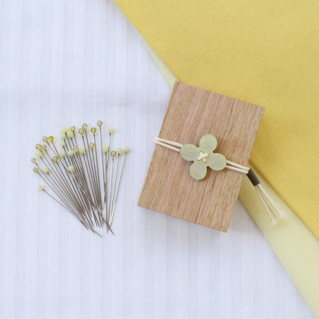 Glass Sewing Pins in Cherry Wood Box Yellow